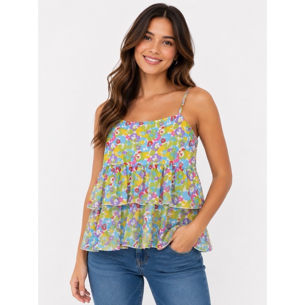 Metrostyle Womens 14 Multicolor Floral‎ Tiered Ruffle Spaghetti Strap Cami Top